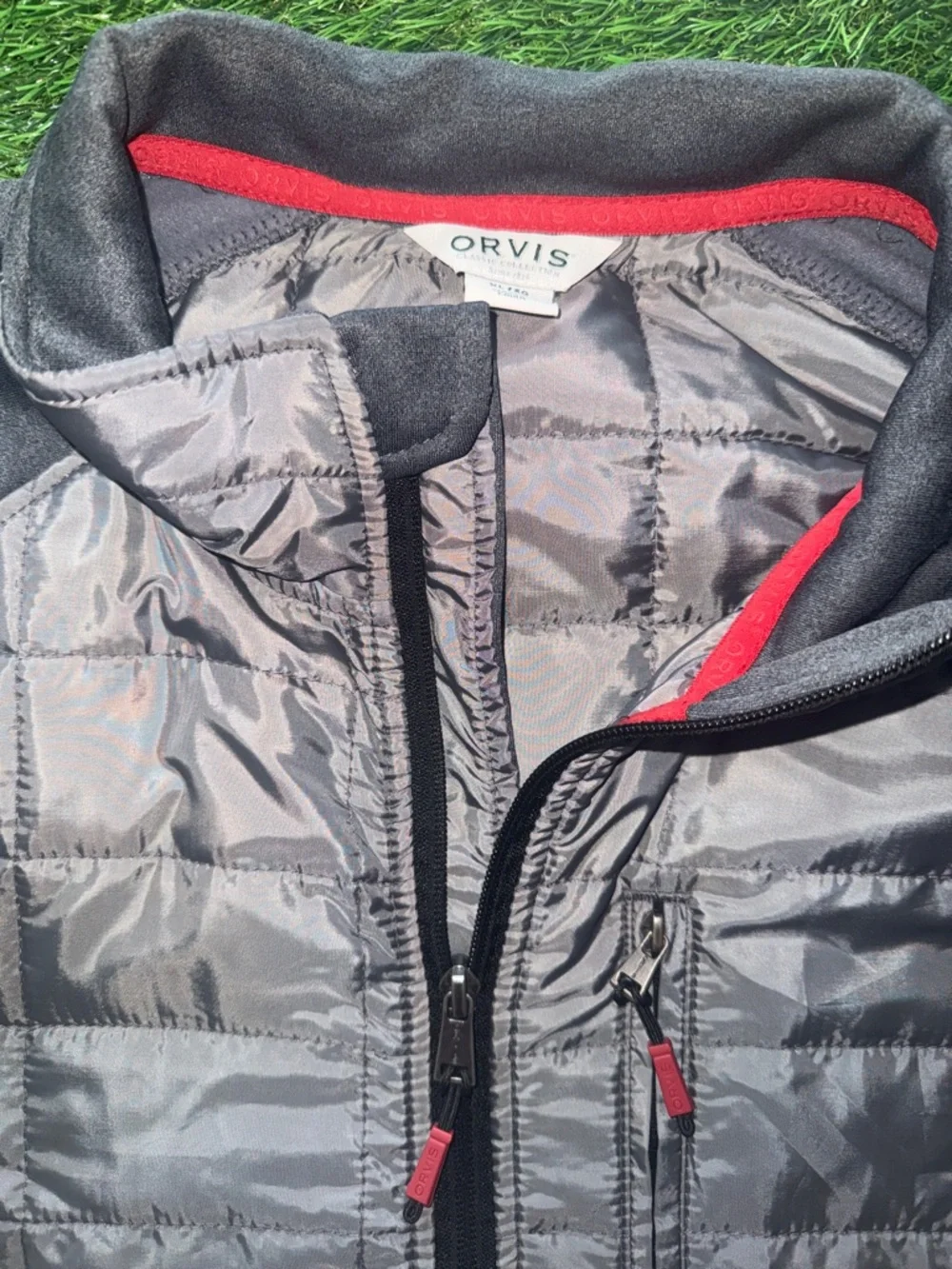 Orvis Gray and Black Quilted Hybrid Jacket with Red Trim